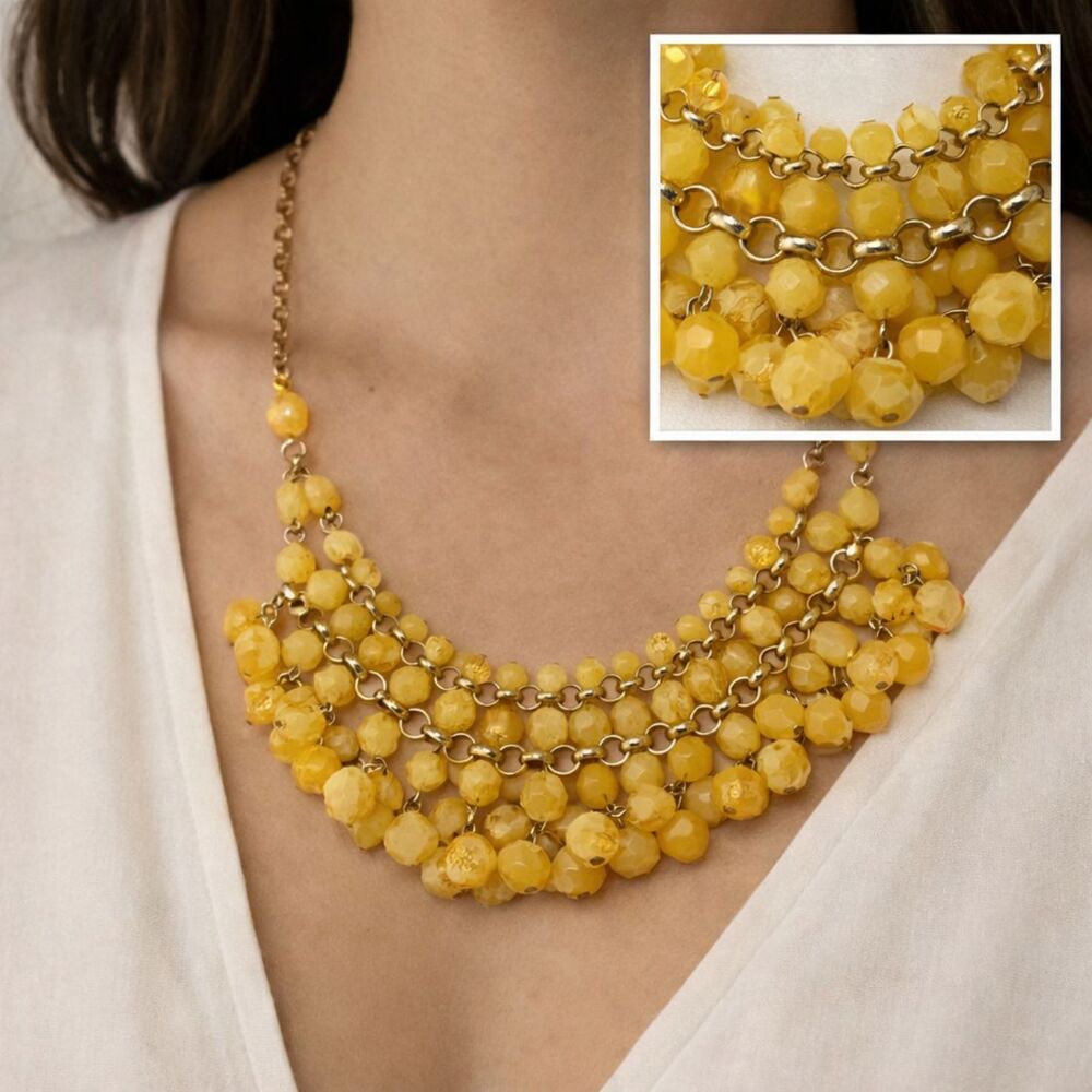 Chunky Yellow Beaded Bib Necklace Statement Multi Strand Lydell NYC